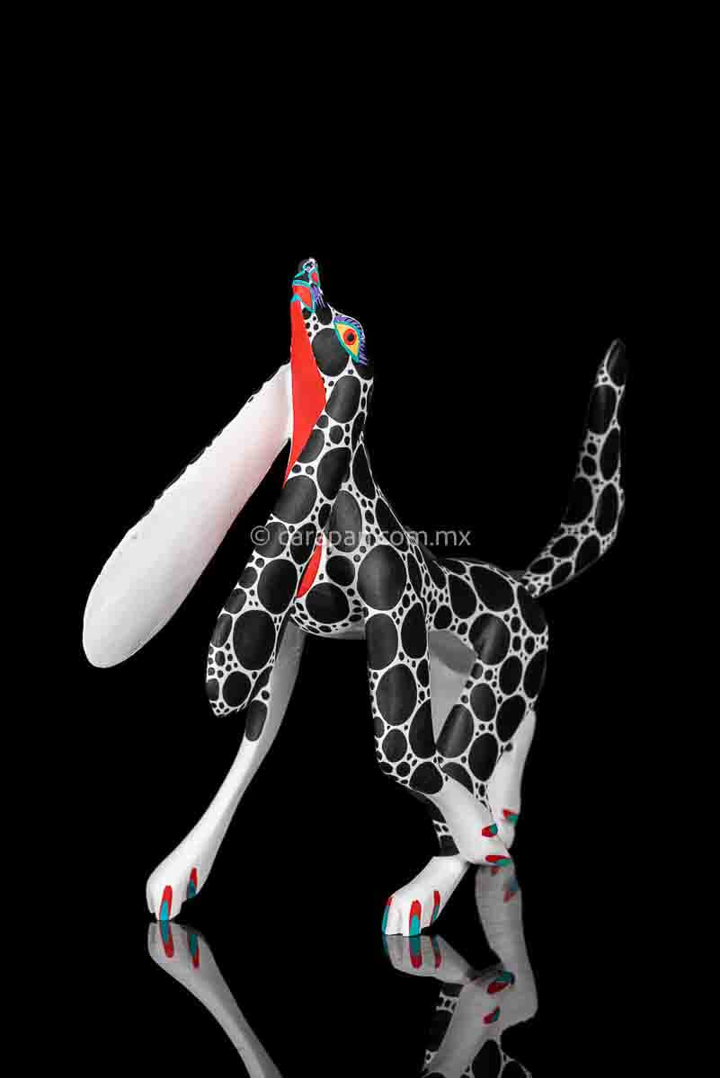 Mexican Wood Carving Alebrije Walking Dog in White with black dots