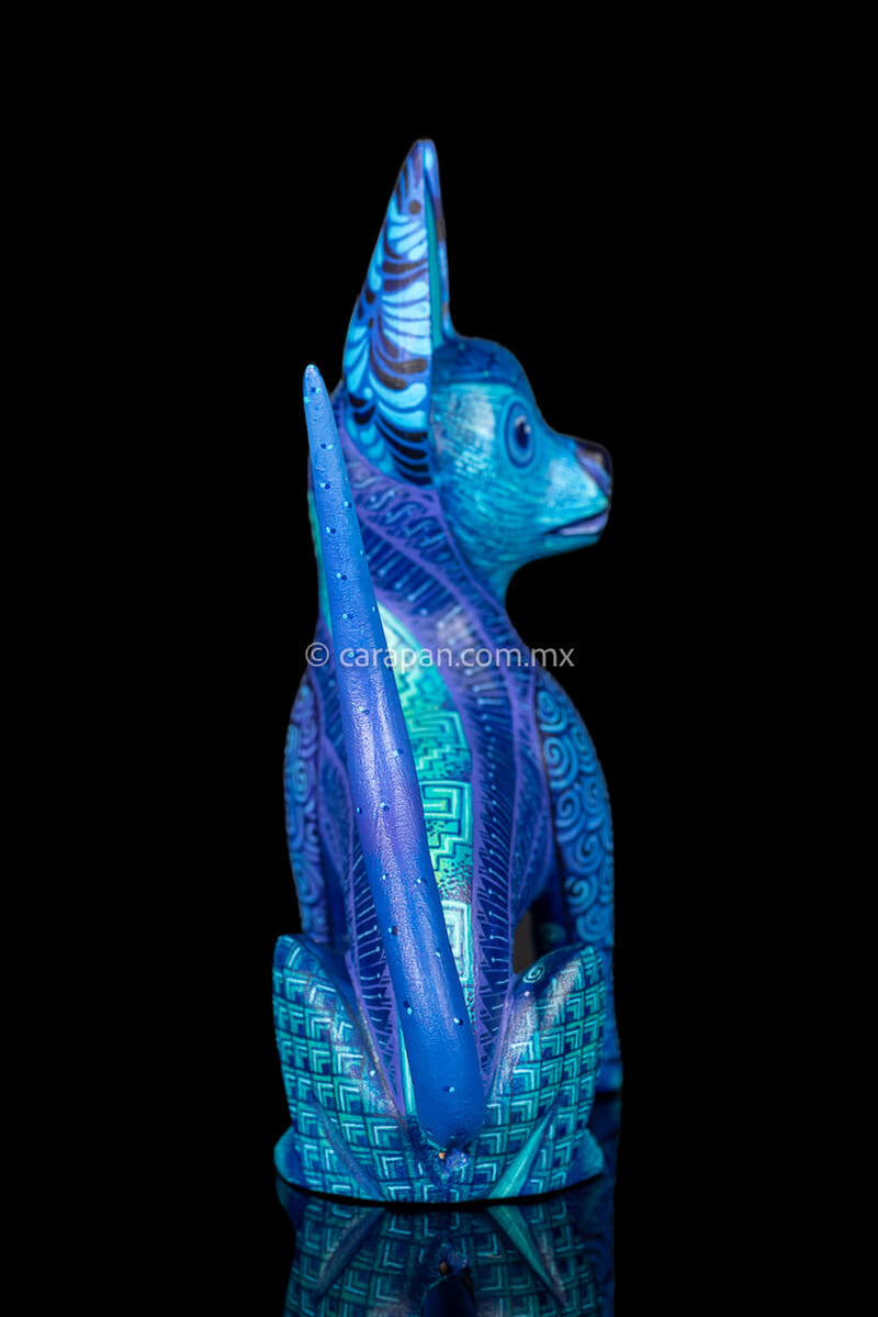 Dog Sculpture Mexican Wood Carving Hand crafted in Oaxaca & decorated with indigenous Zapotec symbols in blue 