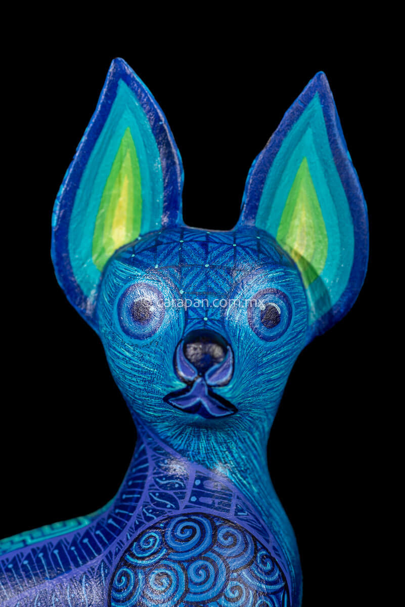 Dog Sculpture Mexican Wood Carving Hand crafted in Oaxaca & decorated with indigenous Zapotec symbols in blue 