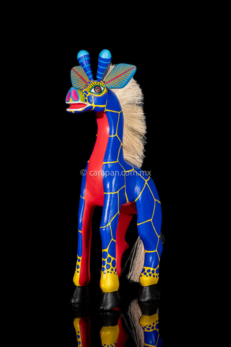 Blue & Yellow Giraffe Mexican Wood Carving 