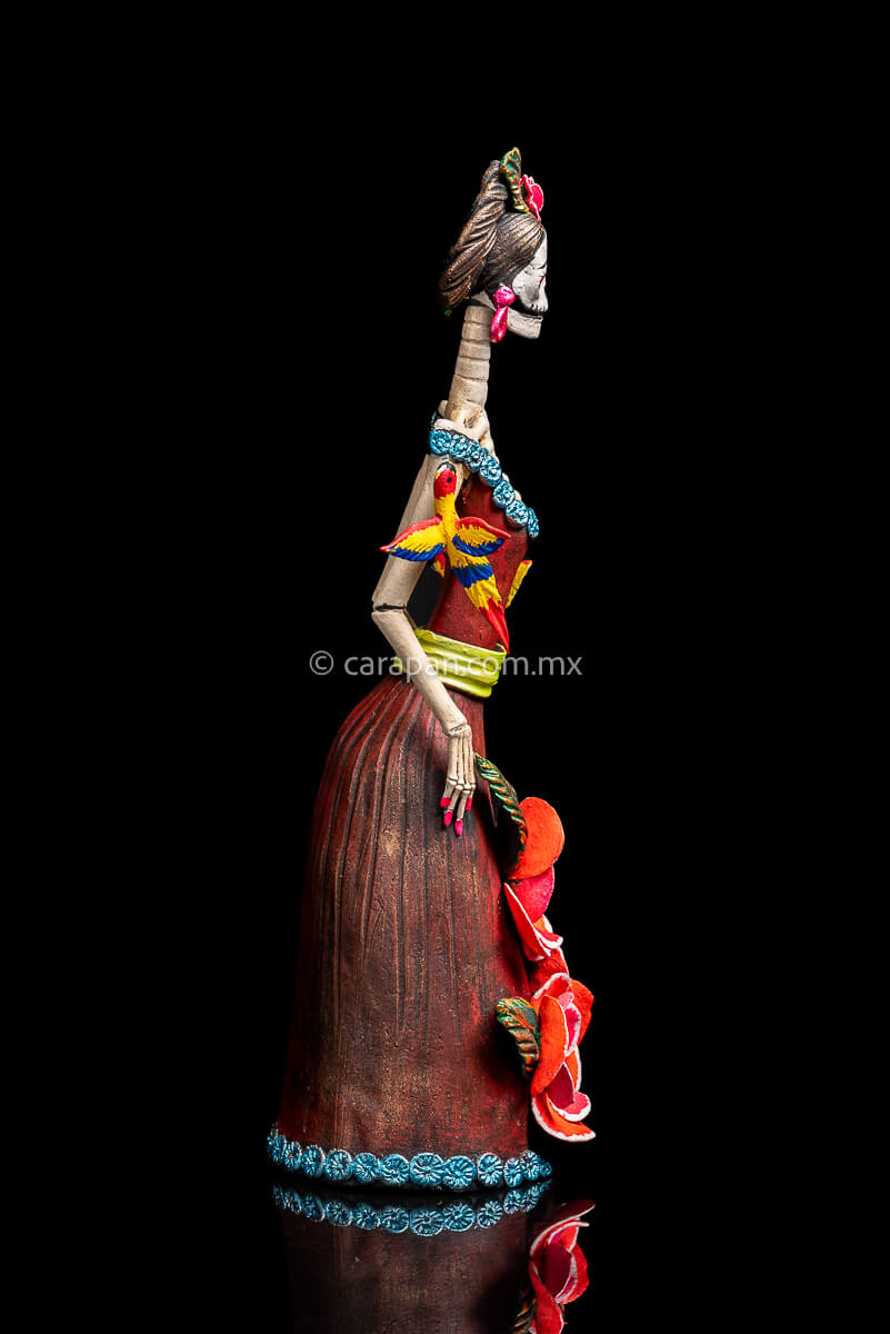 Mexican Clay catrina with parrots and flowers head dress inspired by frida kahlo's style side 2
