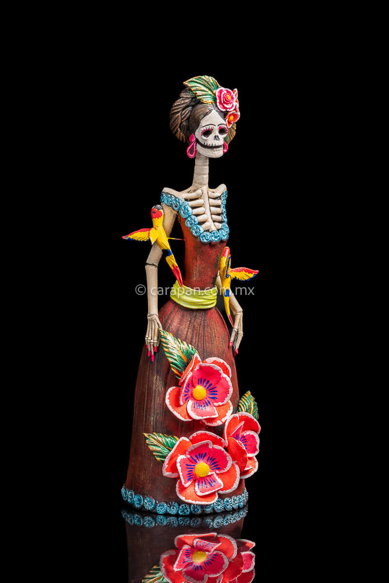 Mexican Clay catrina with parrots and flowers head dress inspired by frida kahlo's style