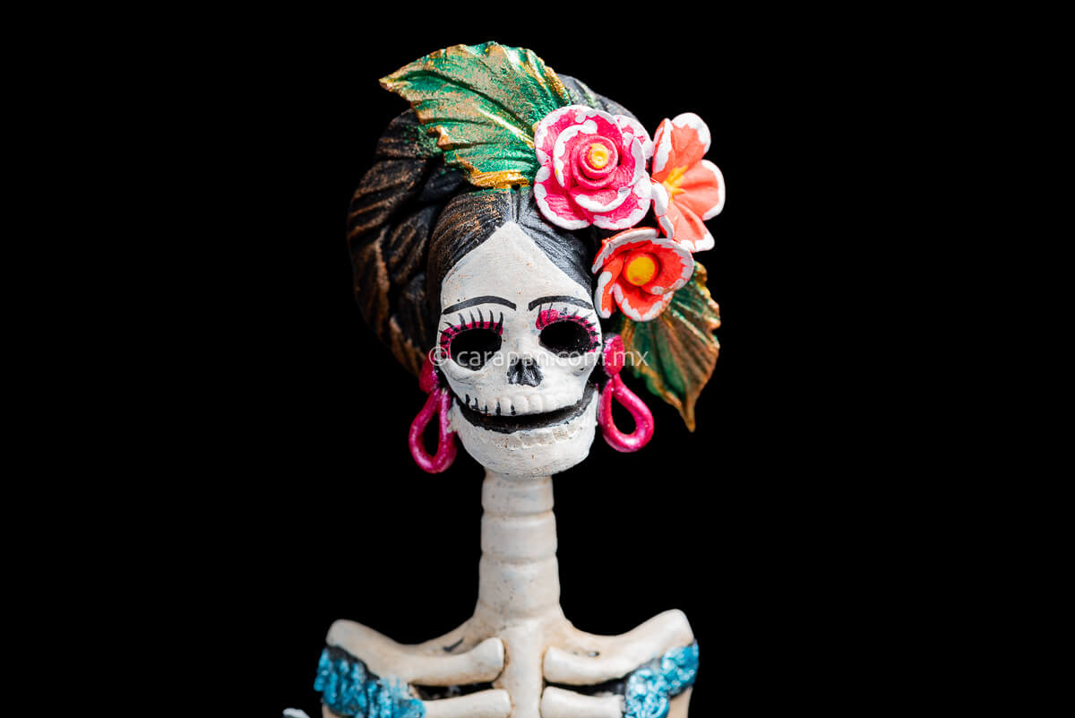 Mexican Clay catrina with parrots and flowers head dress inspired by frida kahlo's style head