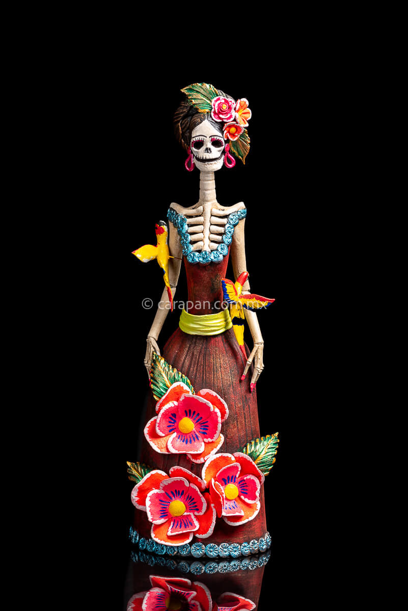 Mexican Clay catrina with parrots and flowers head dress inspired by frida kahlo's style