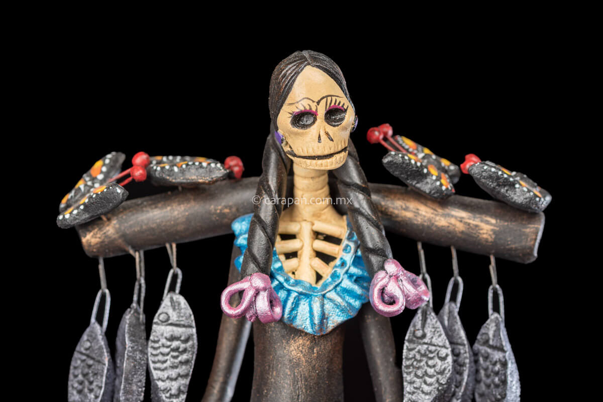 Catrina with Fish and Butterflies Day of the Dead Clay Sculpture