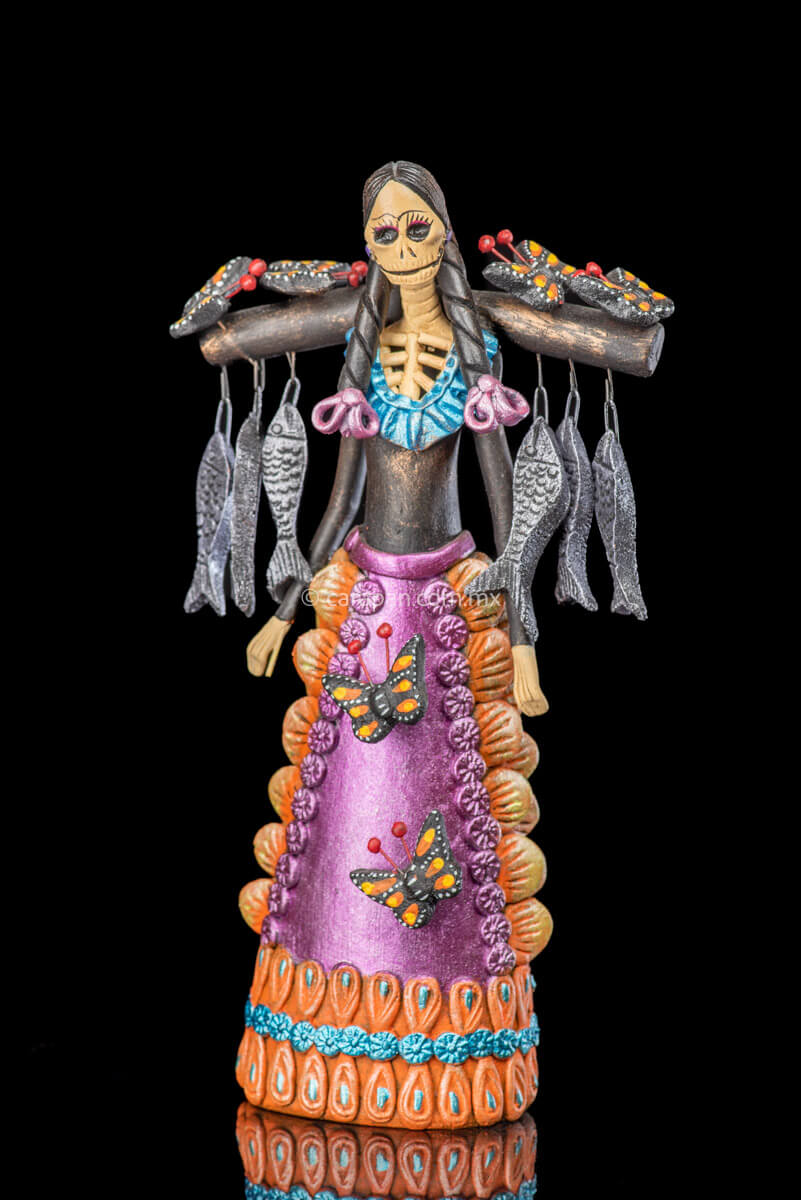 Catrina with Fish and Butterflies Day of the Dead Clay Sculpture