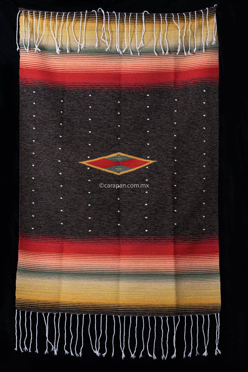 Authentic Mexican Sarape  with diamond in yellow, green and red at center  and faded color stripes  at edges Pedal Loomed 