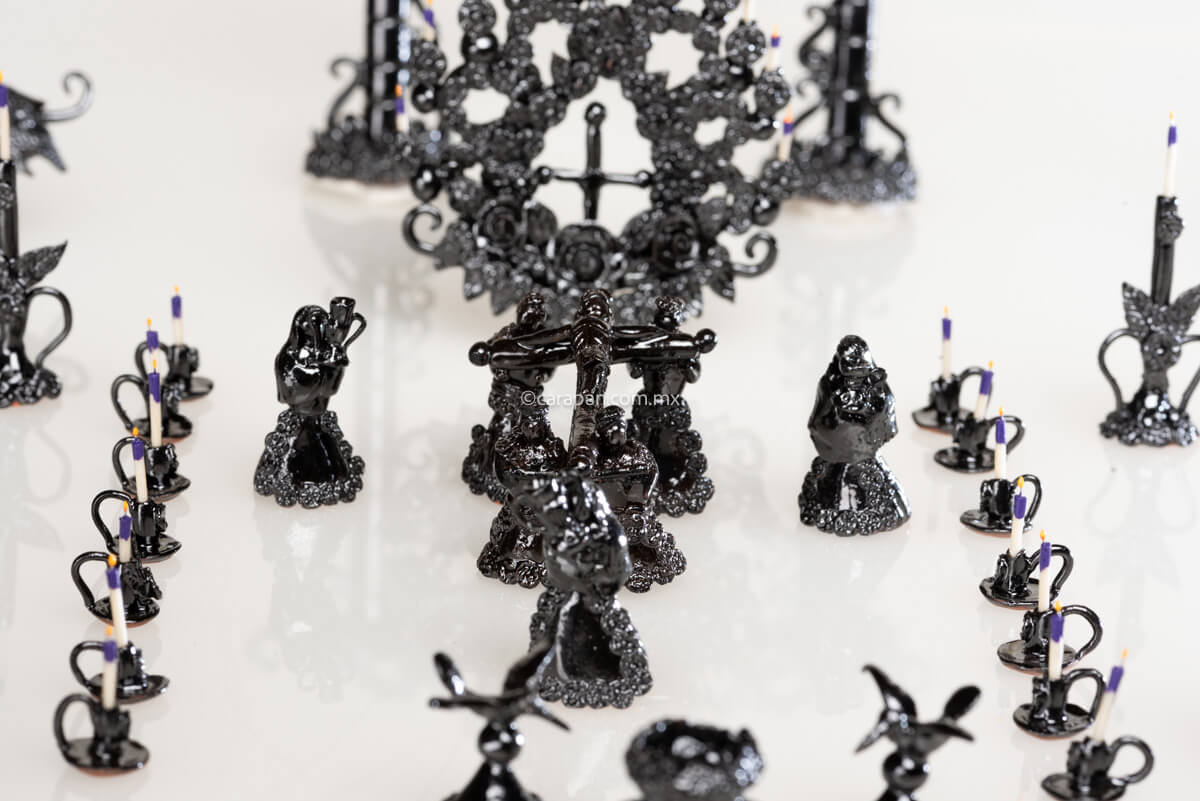 Set of Miniature glazed clay candelabra and via crucis