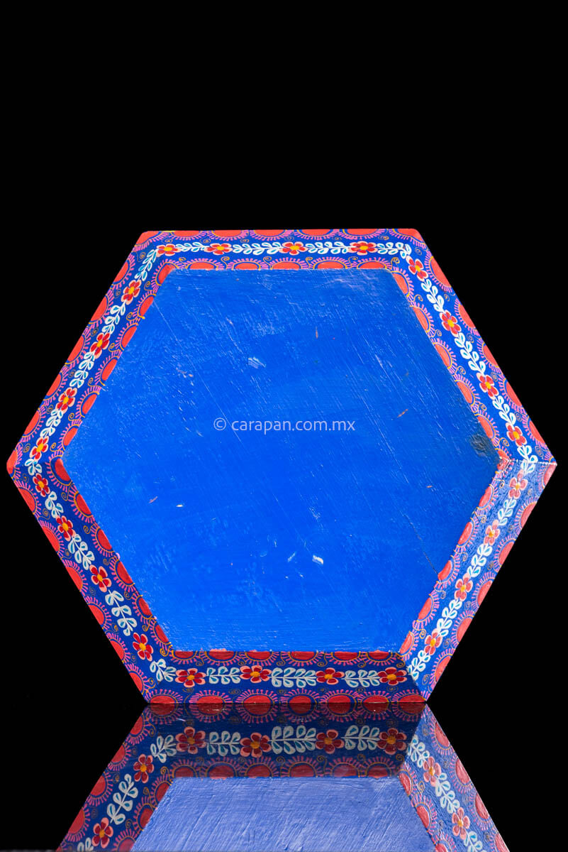 Hexagonal Wooden Tray decorated with red and pink flowers and green leafs over a blue background