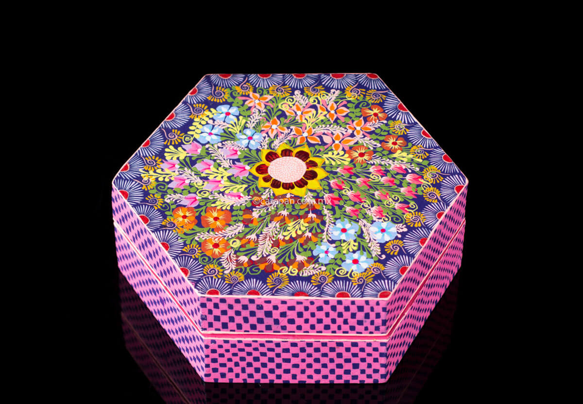 Hexagonal Wooden Box decorated with Flowers