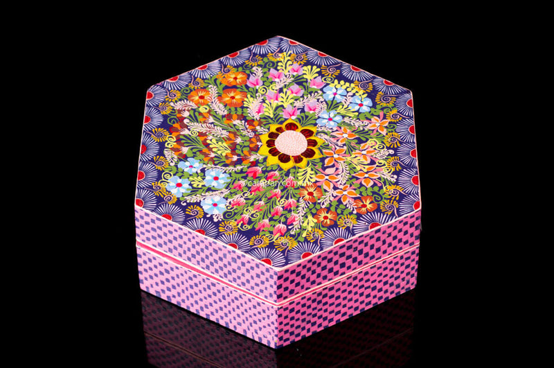 Hexagonal Wooden Box decorated with Flowers