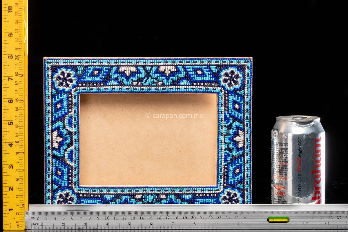 Huichol  Beaded Picture frame in blue and white. 
