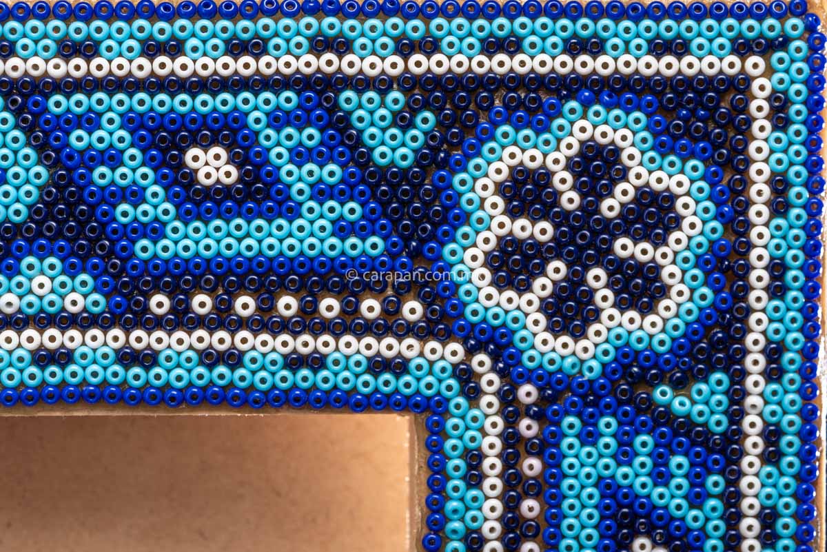 Huichol  Beaded Picture frame in blue and white. 