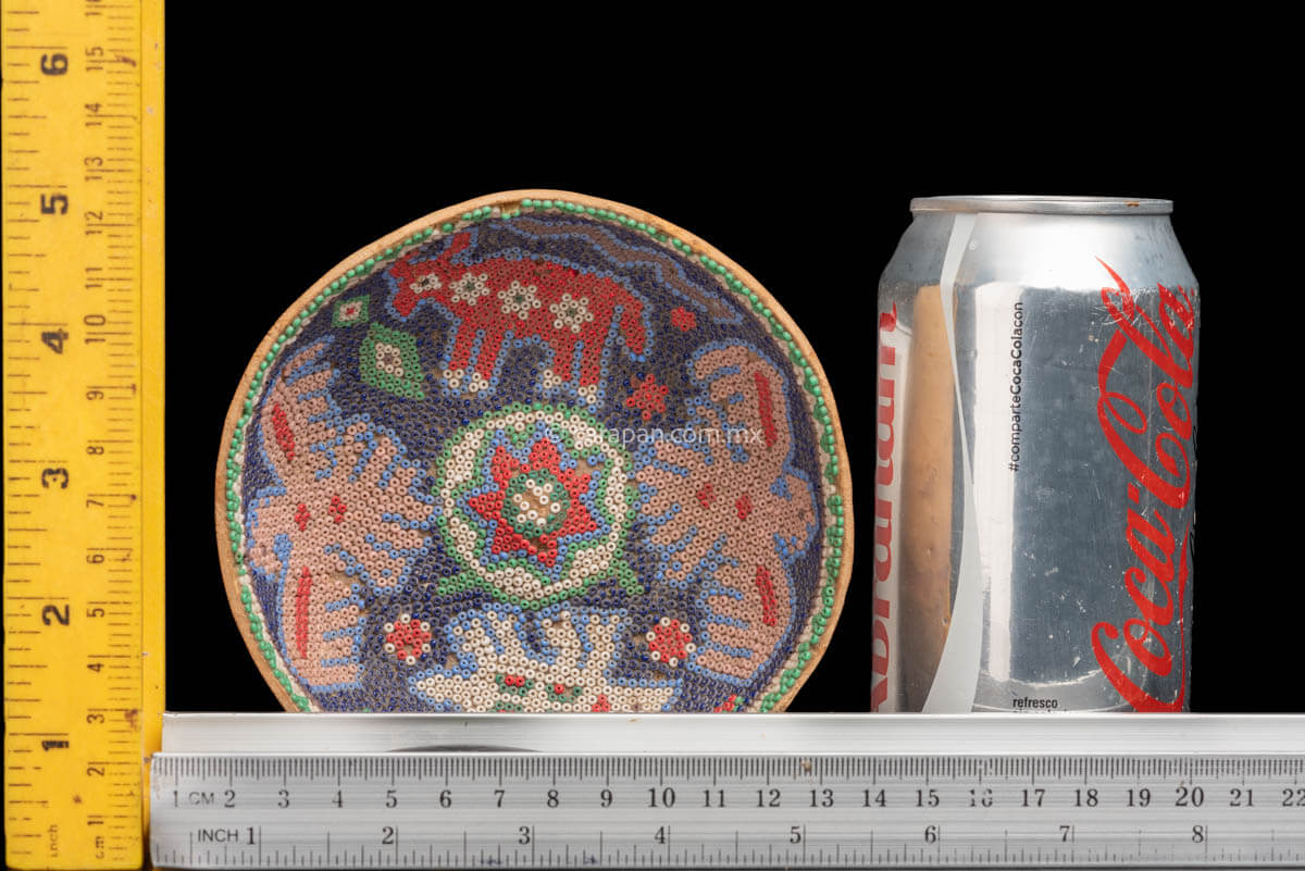 Huichol Gourd covered with beads with peyote symbol at teh center and four sacred animals around it. Such as Eagles & a bull.  Some beads are missing, this is a vintage item.  rulers