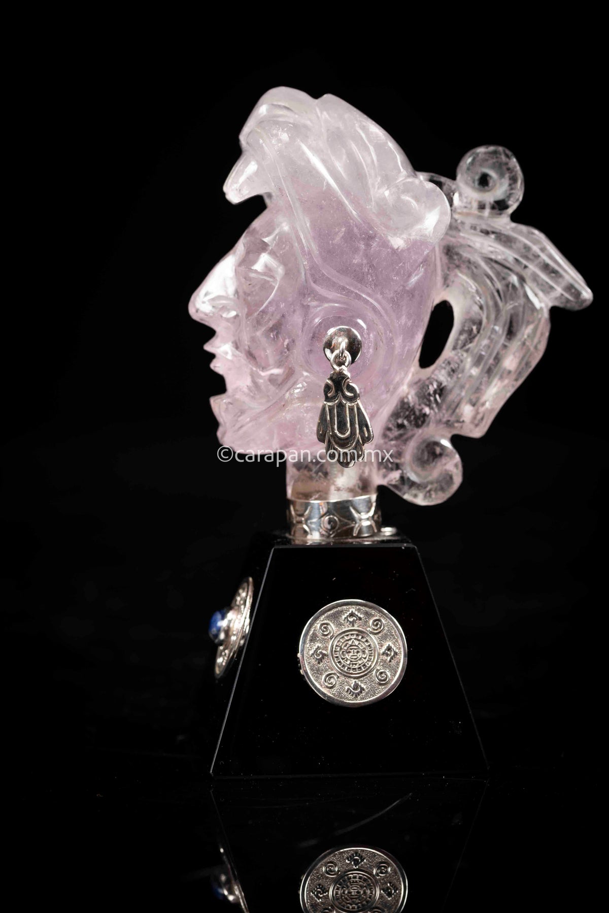 Jaguar Knight Head Sculpture Crafted in Amethyst with Silver & Lapis Lasuli on Obsidian base