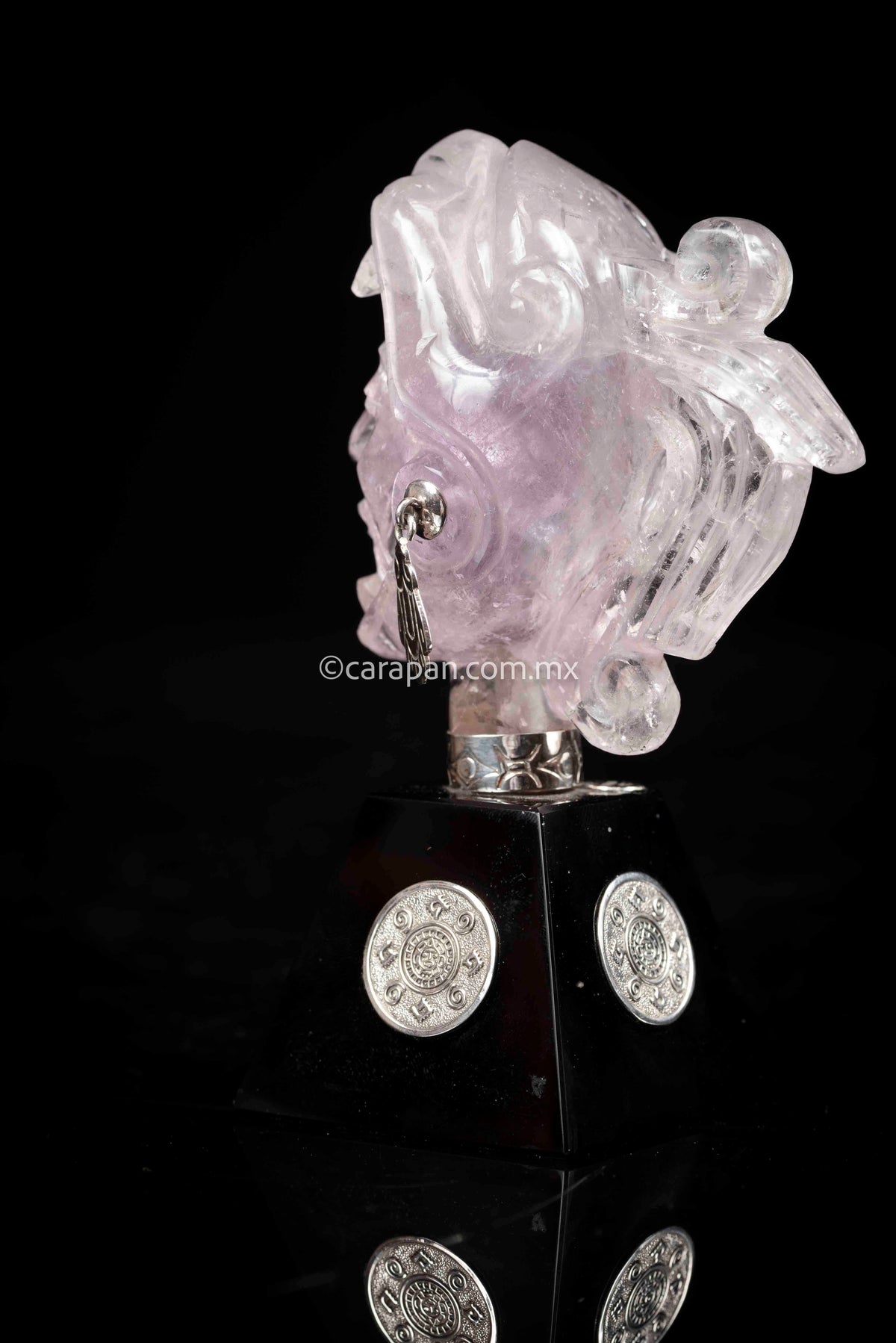 Jaguar Knight Head Sculpture Crafted in Amethyst with Silver & Lapis Lasuli on Obsidian base