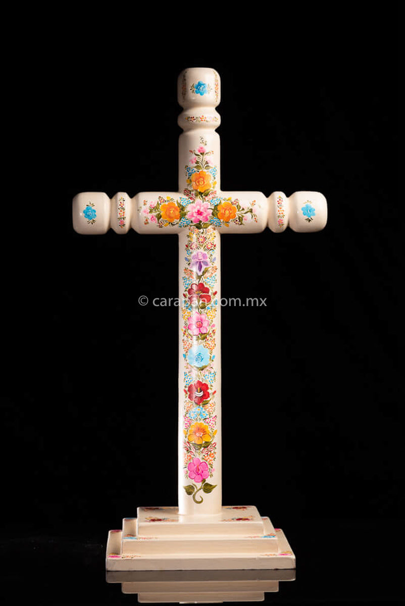 Lacuqered Wood Cross with Flowers Olinala Mexico