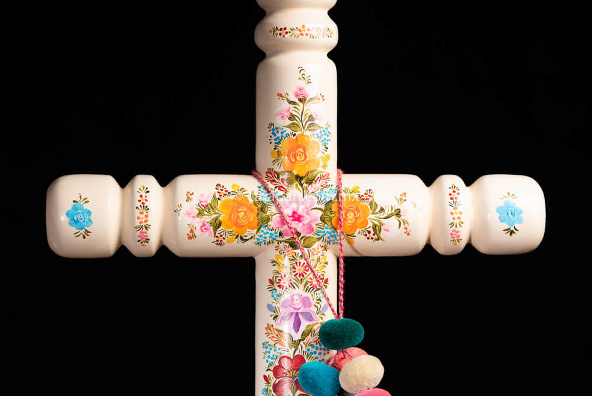 Lacuqered Wood Cross with Flowers Olinala Mexico