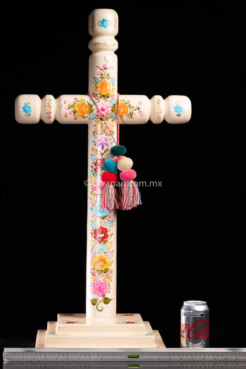 Lacuqered Wood Cross with Flowers Olinala Mexico