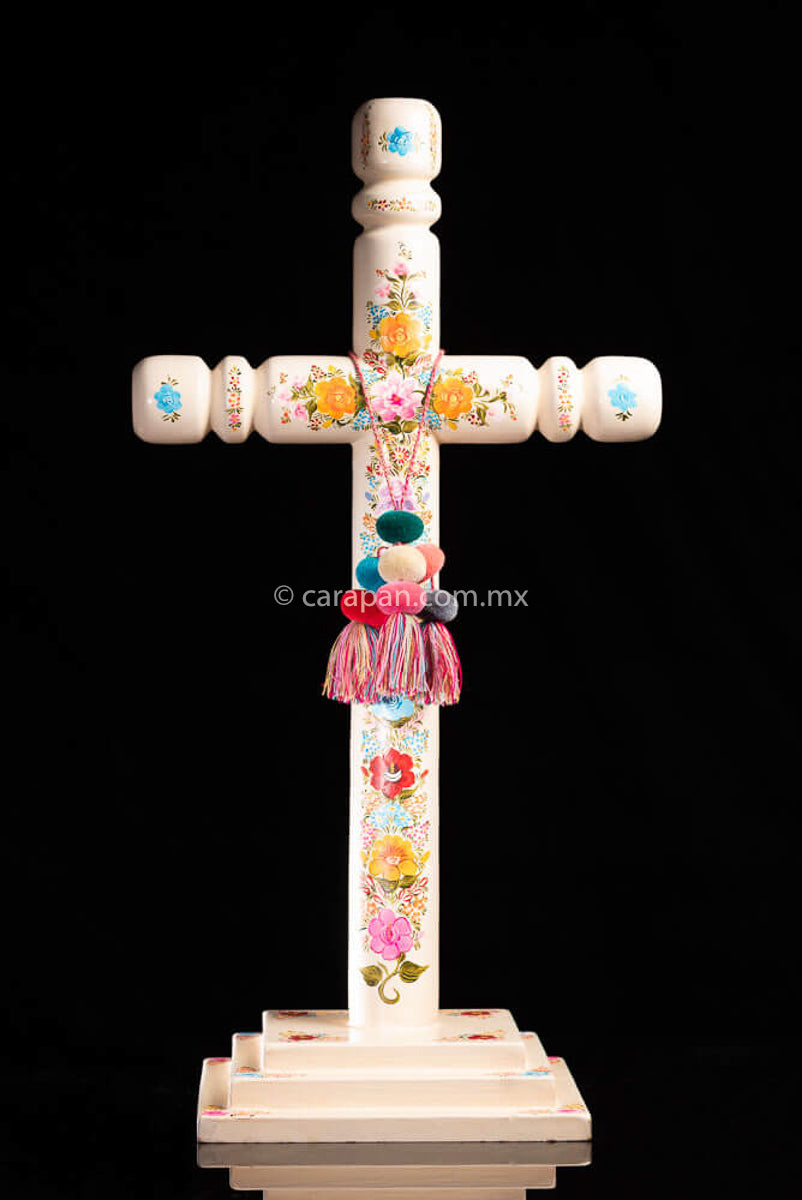 Lacuqered Wood Cross with Flowers Olinala Mexico