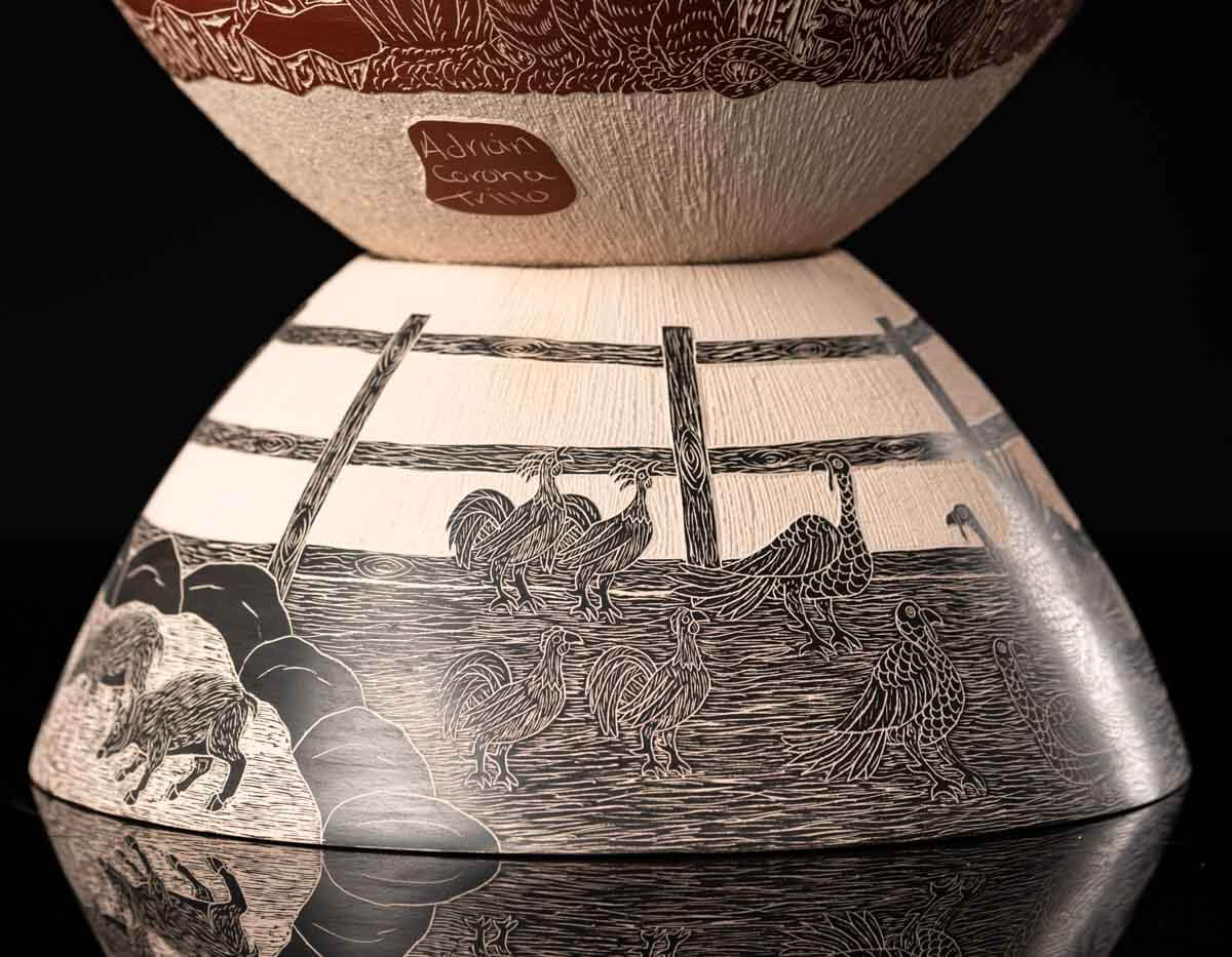 Base of Mata Ortiz pot decorated with hens & turkeys in sgraffito technique