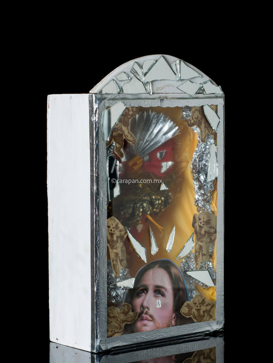 Religious Kitch Art Wooden Box with Sacred Heart of Jesus. The exterior of the box is decorated with fragments of mirror and the interior has a sacred heart created with fabric and mirror fragments. It also has an intervened christ printed image at the bottom.
