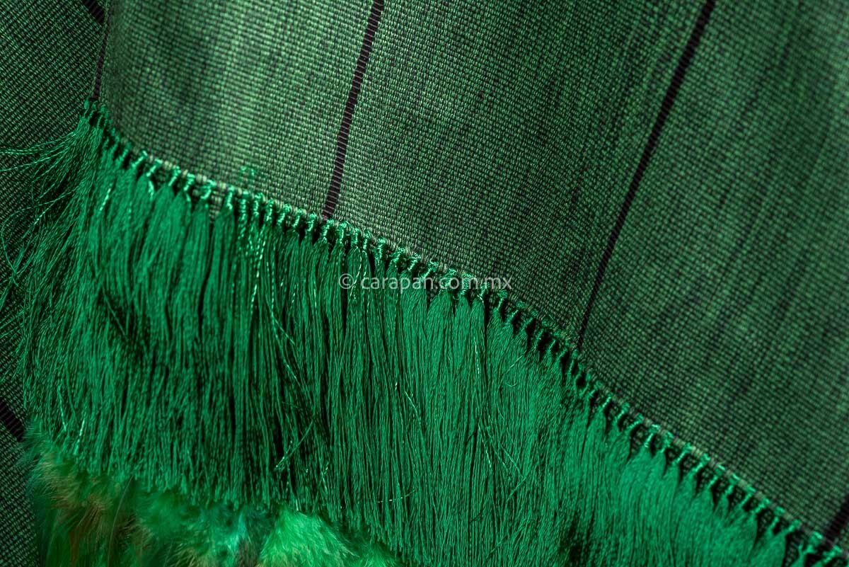 Mexican Rebozo made of cotton Turquoise green with black stripes. With turquoise green rayon tassels and green feathers fringe Fine Mexican Indigenous Textile backstrap loomed 