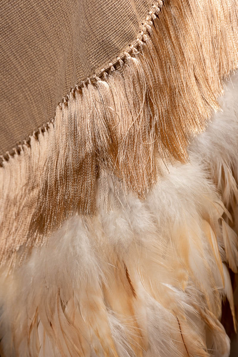 Mexican rebozo with feathers indigenous textile in beige