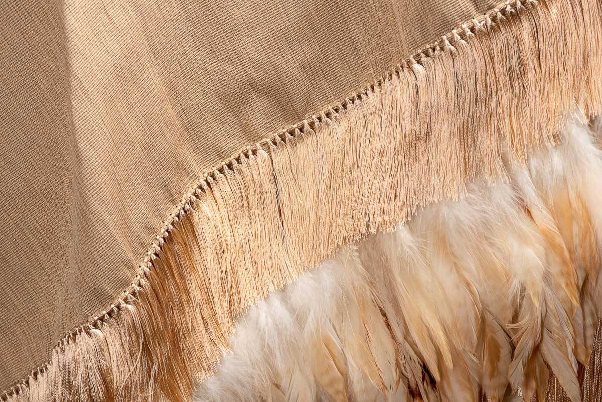 Mexican rebozo with feathers indigenous textile in beige