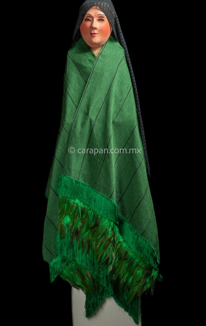 Mexican Rebozo made of cotton Turquoise green with black stripes. With turquoise green rayon tassels and green feathers fringe Fine Mexican Indigenous Textile backstrap loomed 