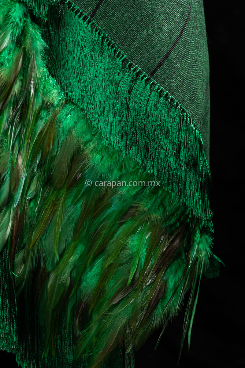 Mexican Rebozo made of cotton Turquoise green with black stripes. With turquoise green rayon tassels and green feathers fringe Fine Mexican Indigenous Textile backstrap loomed 