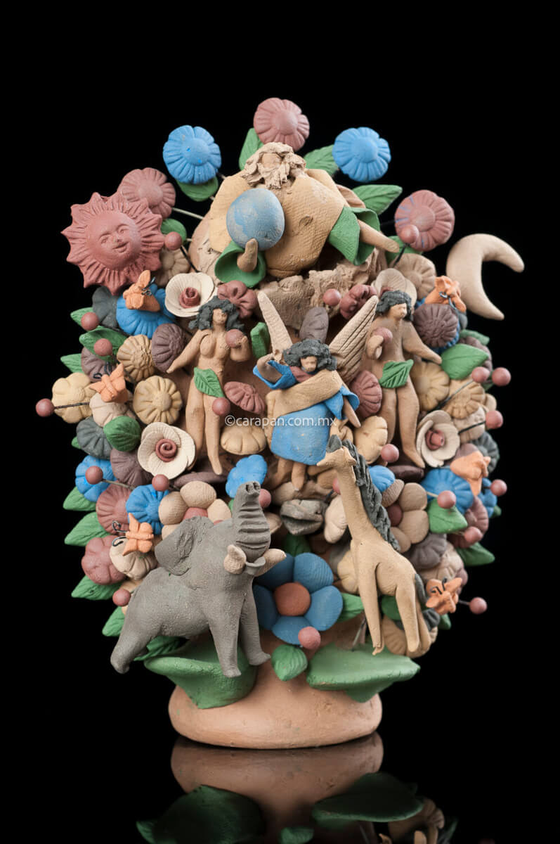 Miniature Tree of life with Adam & Eve at. the garden of Eden. St Michael Archangel stands between them and God father at the top. At the bottom left is an elephant and at the bottom right a giraffe. The colors are earthy natural pigments taken from soils. Crafted in Metepec.