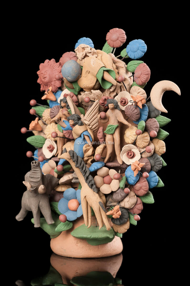 Miniature Tree of life with Adam & Eve at. the garden of Eden. St Michael Archangel stands between them and God father at the top. At the bottom left is an elephant and at the bottom right a giraffe. The colors are earthy natural pigments taken from soils. Crafted in Metepec.