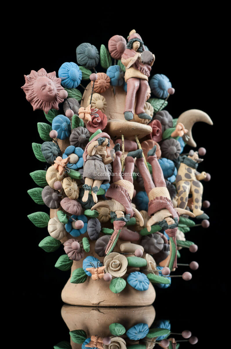 Miniature tree of life with Mexican dances theme depicting 3 voladores de papantla with jaguar and deer dance Decorated with natural pigments in earthy toness