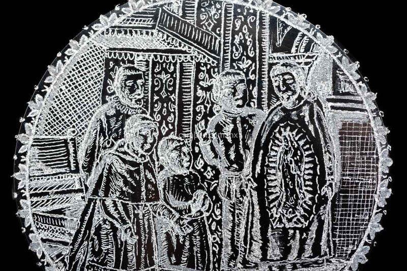 Obsidian Engraved Scene of Juan Diego Showing image of Virgin of Guadalupe to Bishop and priests