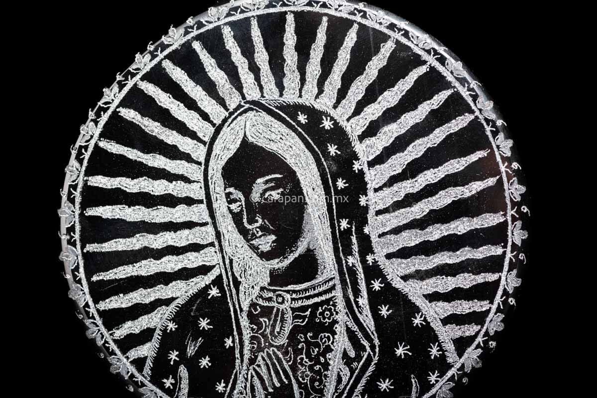 Engraved Obsidian with Virgin of Guadalupe & Juan Diego