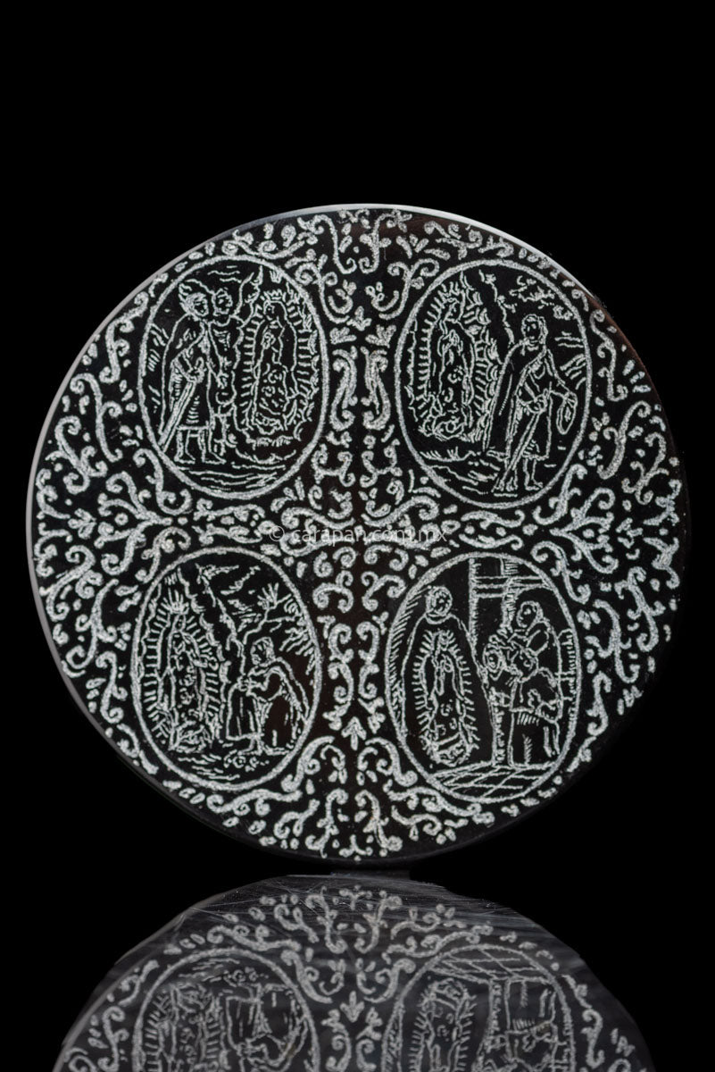Obsidian with Engraved four stages of Virgin of Guadalupe Appearance to Juan Diego.