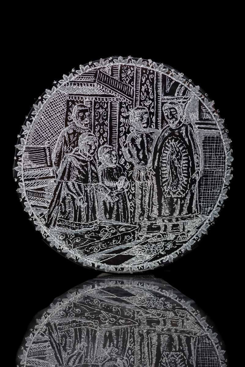 Obsidian Engraved Scene of Juan Diego Showing image of Virgin of Guadalupe to Bishop and priests