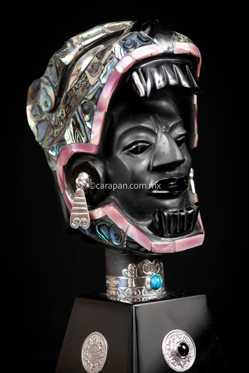 Jaguar Knight Aztec Warrior Obsidian, Silver & Nacre Sculpture