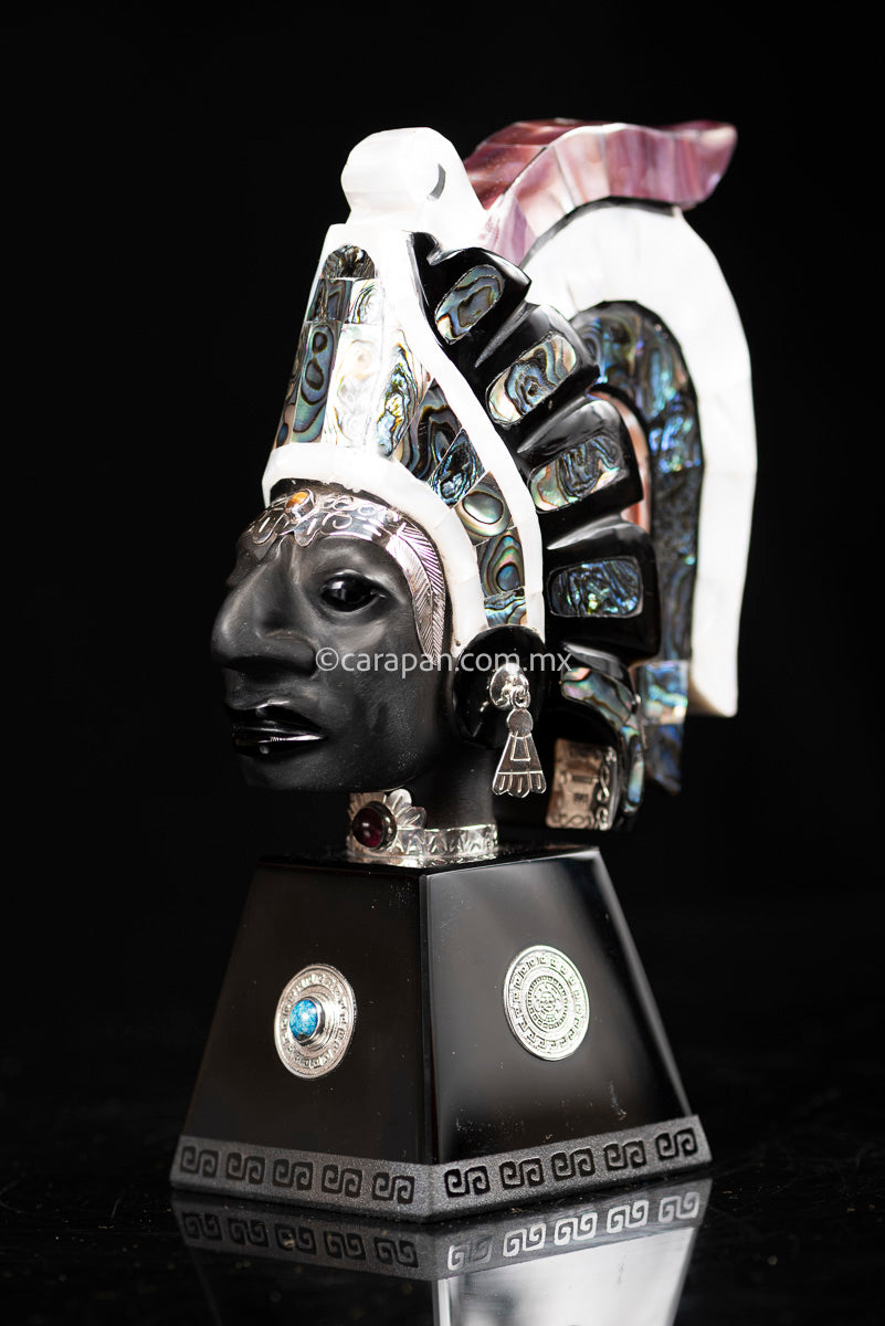 Obsidian Sculpture of Aztec Emperor with Silver & Nacre