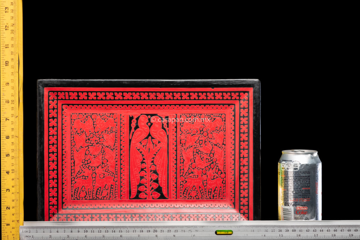 Lacquered Tray etched in red over black with three panels one with two parrots at the center and two with animals on each side rulers