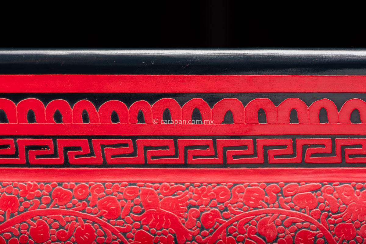 Lacquered Wood Tray in etched red over black decorated profusely with  flowers, animals and vegetal motifs the edge is framed by geometric patterns Lacquered Wood Tray in etched red over black decorated profusely with  flowers, animals and vegetal motifs the edge is framed by geometric patterns 