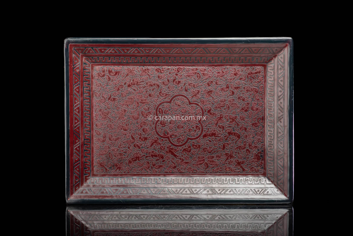 Etched Lacquered Wood Tray Mahogany Red over Black