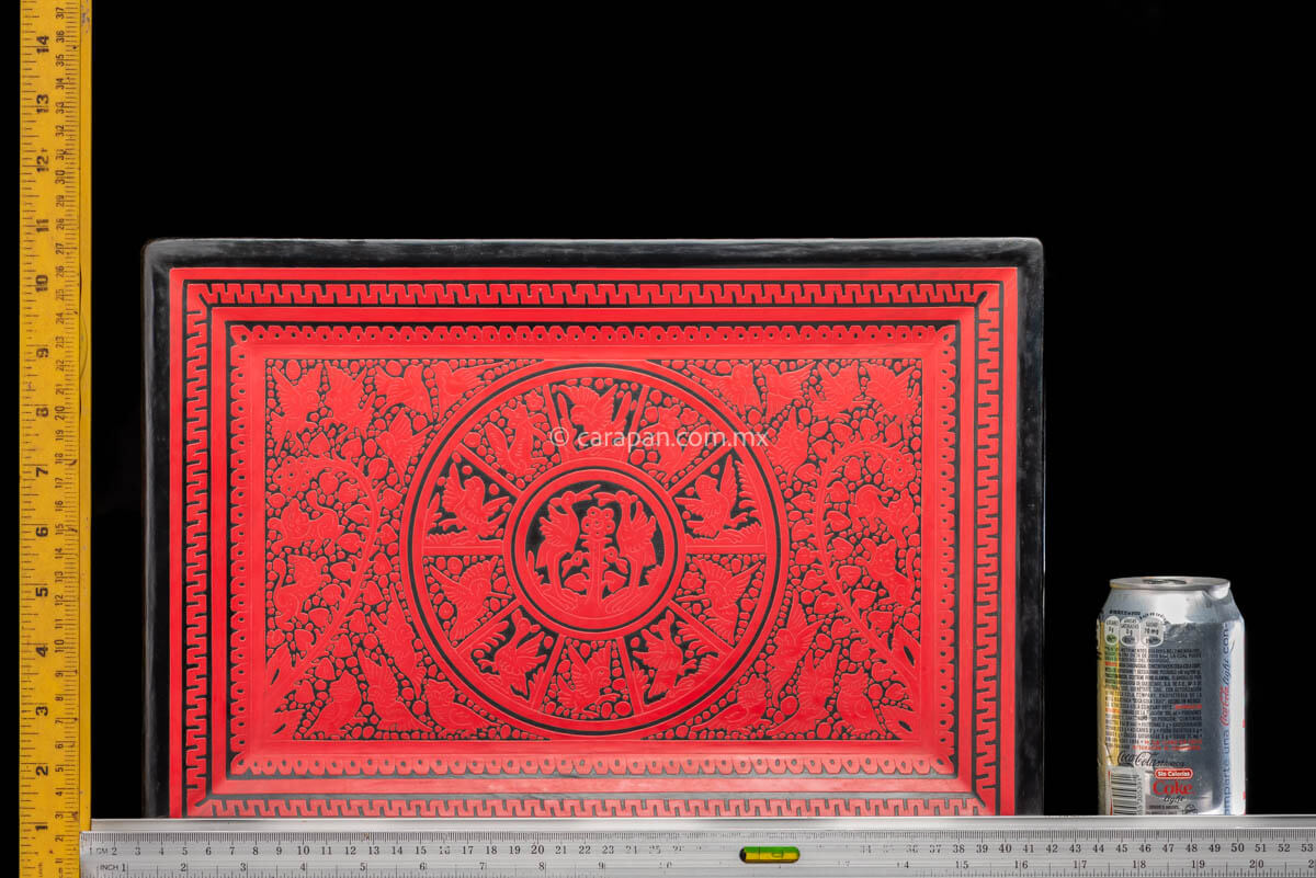 Lacquered wood tray etched red over black with birds and vegetal motifs rulers