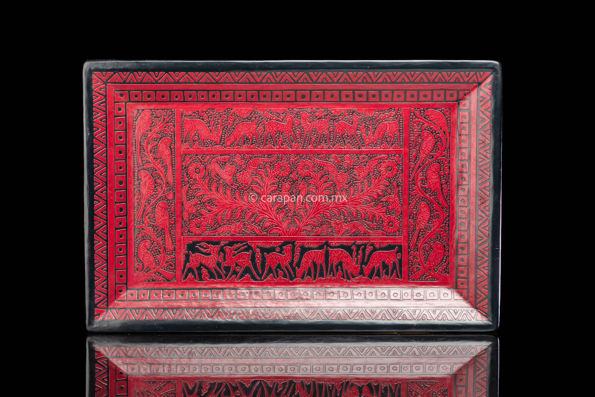 Etched Lacquered Wood Tray Red over Black w Deer & Birds