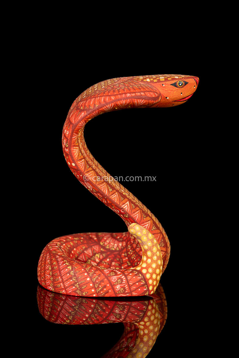 Cobra wooden sculpture alebrije hand crafted in Oaxaca, decorated with indigenous zapotec symbols