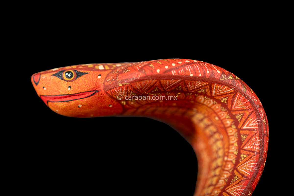 Head of Cobra wooden sculpture alebrije hand crafted in Oaxaca, decorated with indigenous zapotec symbols