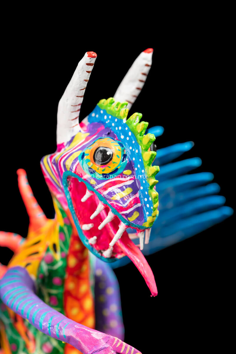 Paper Mache Alebrije with Blue Wings. Mexican Dragon.  face
