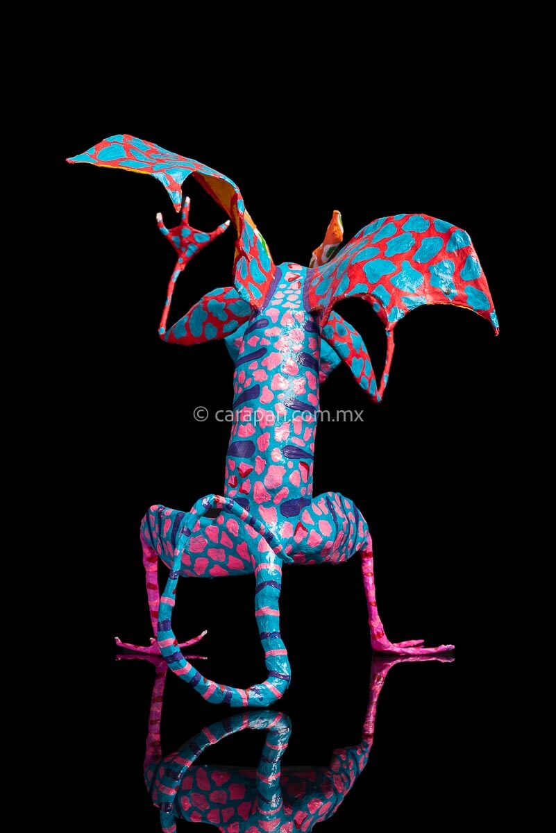 Paper Mache Alebrije dragon style blue body & orange wings back