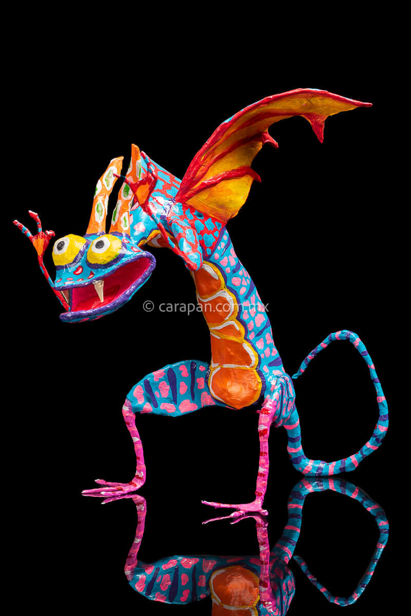 Paper Mache Alebrije dragon style blue body & orange wings side 4